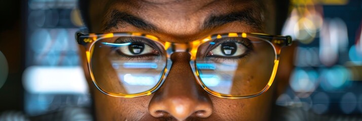 Man s face with glasses, reflecting computer data, symbolizing programmer working with big data