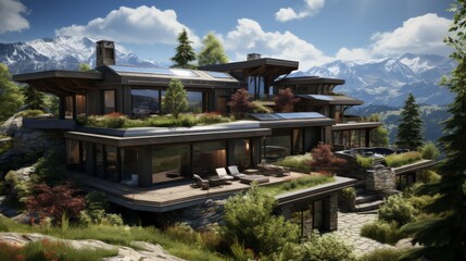 Modern Glass House with Solar Panels in Mountain Setting