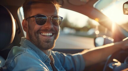 Driving charm charisma: a handsome man behind the wheel of his car - showcasing the sophistication and allure of a man at the helm of his vehicle, exuding poise and power on the open road.