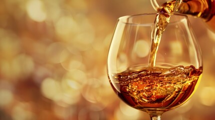 Liquid gold: exquisite liquor pouring into a glass, a visual feast for connoisseurs.