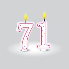Birthday candle numbers. Seventy one celebration. Vector festive decoration. Colorful dotted design.