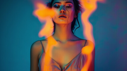 creative studio portrait photography of asian woman with light painted roses, disruptive, new fashion, aesthetic vibes