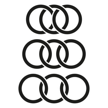 Intersecting circles vector design. Three black ring sets illustration. Continuous overlapping shapes concept.