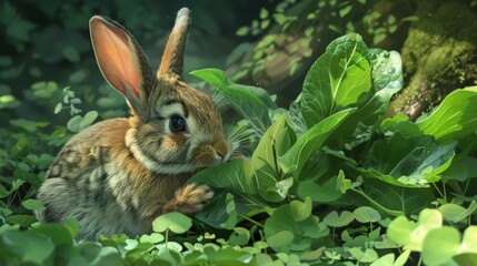 Rabbit indulging in a meal of leafy greens, illustrating the natural diet of these adorable herbivores.