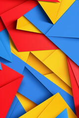 Fototapeta premium Abstract geometric 3D blank paper pieces pattern for background with blue, yellow and red colors, modern design style, minimalist