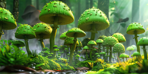 Vibrant Green Mushrooms: Intricately designed mushrooms of various hues grow in a lush, forested environment.