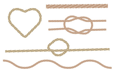 Vector rope knots. Nautical tying techniques. Beige and brown. White background illustration.