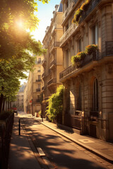 Fototapeta premium A quiet street bathed in morning sunlight, with classic architecture and lush greenery