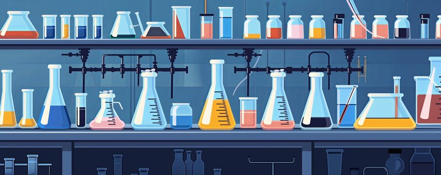 The image shows a lot of glass chemical equipment in the laboratory.