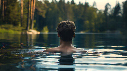 Fototapeta premium a man swim into the forest lake