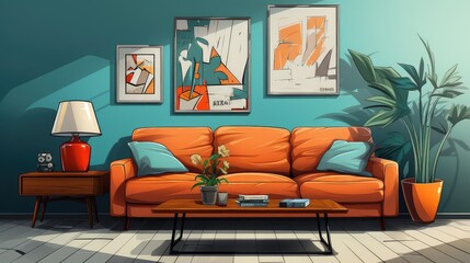 Living Room background flat design top view eclectic art lover theme cartoon drawing Complementary Color Scheme