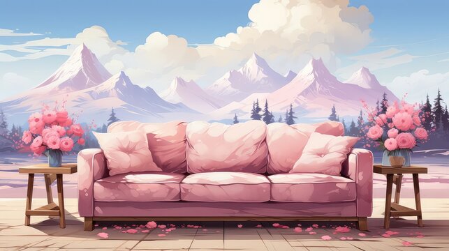 Living Room background flat design front view cozy winter theme cartoon drawing Complementary Color Scheme