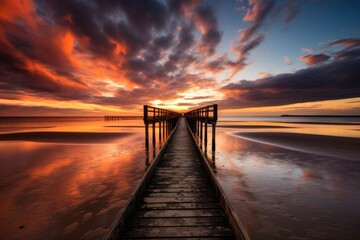 Fototapeta premium The Tranquil Beauty of a Weathered Ocean Pier at Sunset with Birds Gliding Overhead