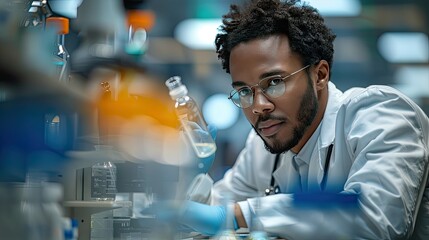 Portrait of a medical researcher working on groundbreaking innovations, with a lab setting and modern medical tools