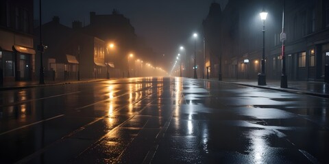 A wet, empty city street at night with street lamps illuminating the scene, creating reflections on the wet pavement - Powered by Adobe