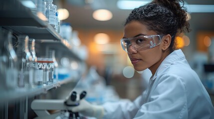 Portrait of a medical researcher working on groundbreaking innovations, with a lab setting and modern medical tools