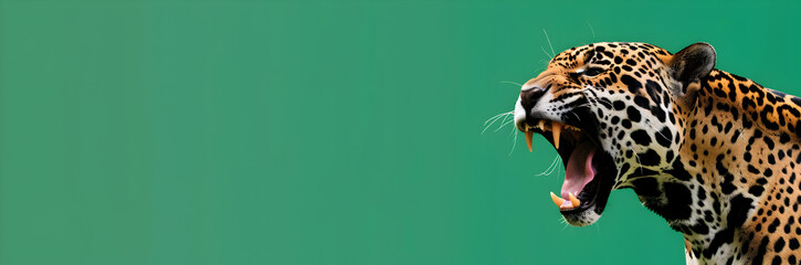 Roaring jaguar web banner. Jaguar isolated on green background with copy space.