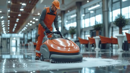 Thorough and efficient floor cleaning in a contemporary office building using modern machinery