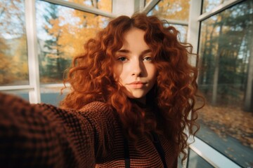 young woman with curly hair taking selfie