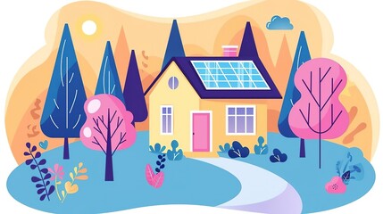 A small, cozy home nestled in a lush, green forest. The home is surrounded by colorful flowers and has a solar panel on the roof.