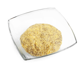 Raw dough with poppy seeds in bowl isolated on white