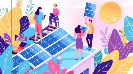A group of people are working together to install solar panels on a roof