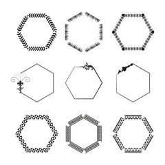Laurel wreath vector circle. Pine needle hexagonal frame. Starburst border design. Fleur de lis decorative hexagon. Greek key octagonal border. Ornamental loop frame.