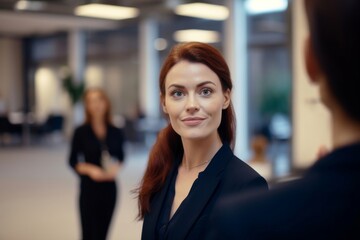 confident mid adult businesswoman standing with colleagues at office