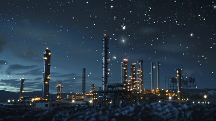 The plant at night with the glowing towers and panels still visible against the starry sky.