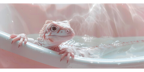 A toad enjoys a bubbly bath surrounded by foam against a colorful background. A charming image perfect for quirky and playful design projects.