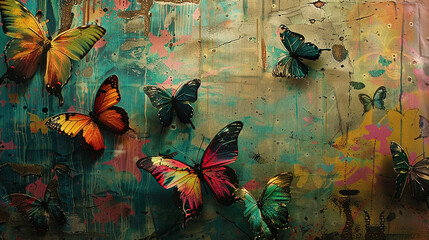 A symphony of vibrant colors emerges from aged wallpaper--butterflies in stasis.
