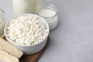 Fresh cottage cheese and other dairy products on light table. Space for text