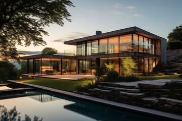 Fototapeta premium Contemporary Villa with Expansive Glass Windows Offering a Stunning View of a Verdant Garden at Dusk