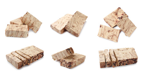 Pieces of tasty chocolate halva isolated on white, set