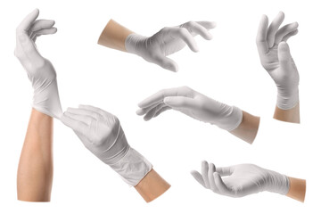 Woman wearing medical gloves on white background, closeup. Collage of photos