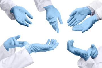 Doctor wearing medical gloves on white background, closeup. Collage of photos