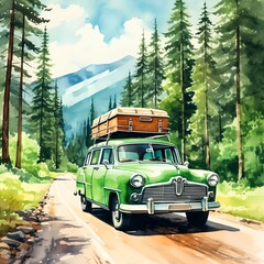 watercolor painting of a green car traveling on country road generative ai