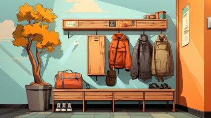 Mudroom background flat design side view urban compact design theme cartoon drawing Splitcomplementary color scheme