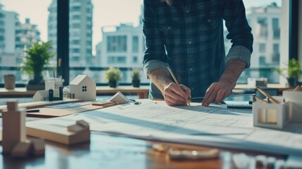 An architect meticulously examines construction blueprints on a desk within a sleek, contemporary office space. AIG41