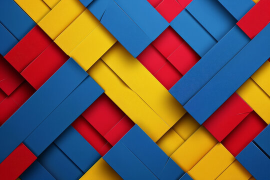 Abstract geometric 3D blank paper pieces pattern for background with blue, yellow and red colors, modern design style, minimalist
