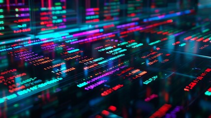 Fototapeta premium Abstract data visualization of an office server room with digital charts and graphs on the screen, representing business technology and financial equipment.