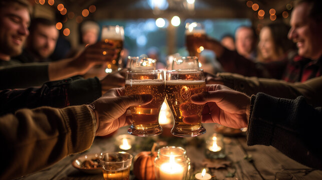 A group of family and friends drinking beer together around a big wooden table at a restaurant or a bar or a pub