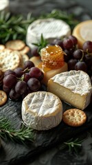 A board with a variety of soft goat cheese, grapes, and honey for a party. 