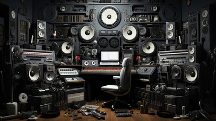 Fototapeta premium Music Room background flat design top view eclectic electronic producers lab theme 3D render black and white