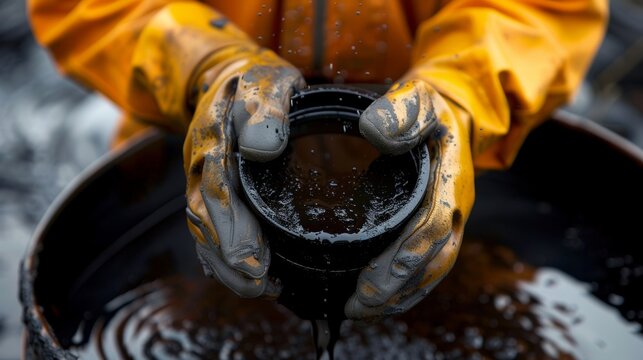 A worker holding a sample of bitumen the oily substance extracted from the oil sands.
