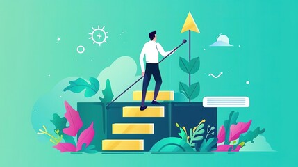 Fototapeta premium A man climbs the corporate ladder to success