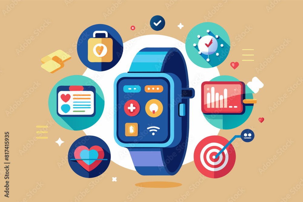 Aufkleber smart watch with various icons displayed on screen.