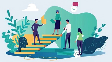 A group of people are working together to build a staircase to success