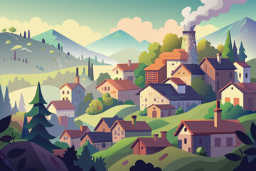 Naklejka premium A quaint village nestled in the mountains, with colorful houses and lush greenery surrounding it.