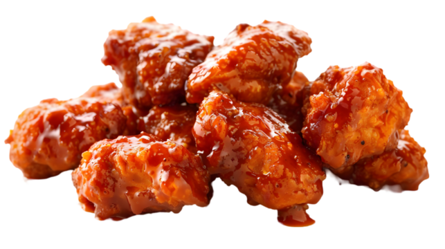  Ultra-HD macro shot of boneless buffalo wings drizzled with tangy sauce, transparent background